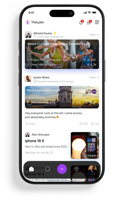 TheLysts app showing a social feed of list recommendations on iPhone