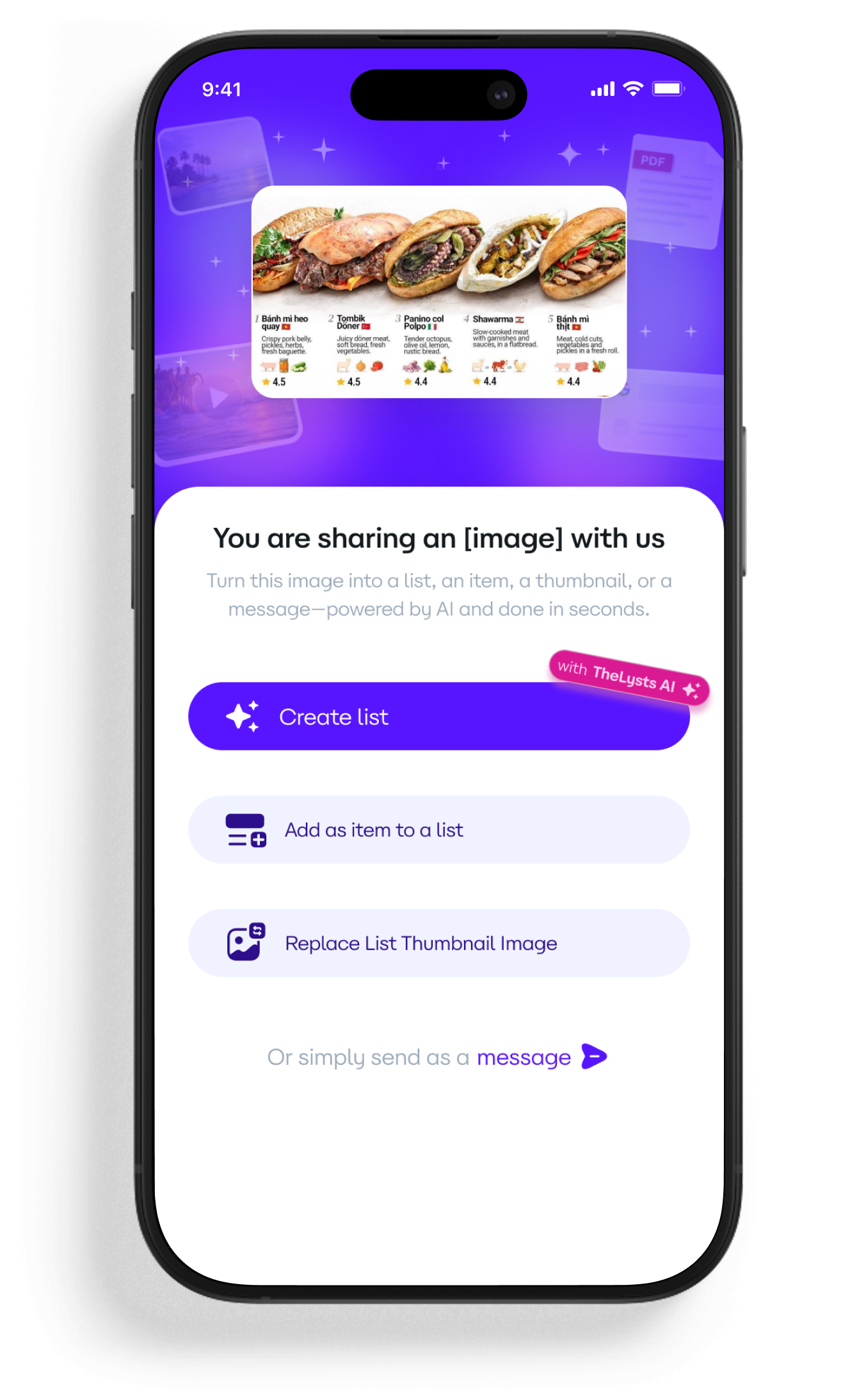 TheLysts AI Import share flow screen in version 1.4