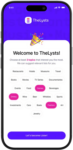 TheLysts onboarding screen where users select interests to personalize recommendations